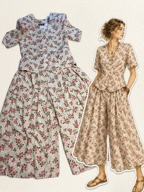 VINTAGE 90s floral 2 piece dress set wide leg palazzo goucho culottes pants top